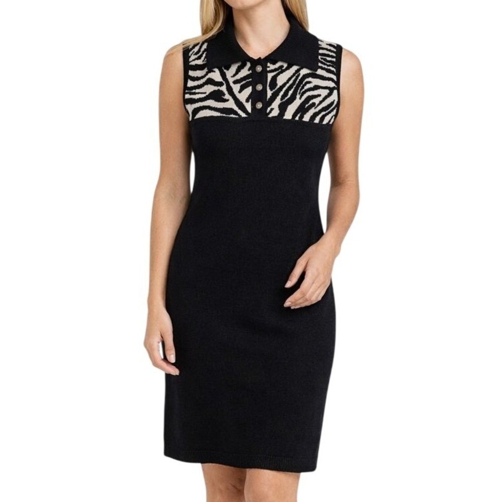 St. John Sport Zebra Print‎ Knit Polo Dress Small Black White Vintage Mob Wife